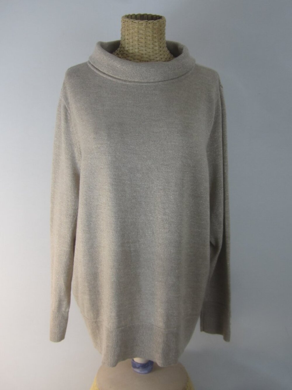 Talbots Women Plus 2X Beige Gold Metallic Merino Wool LS Pullover Sweater Fall